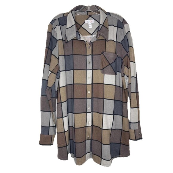 Denim & Co. XL Petite Heavenly Jersey Button Front Shirt Windowpane Collared - Picture 1 of 5